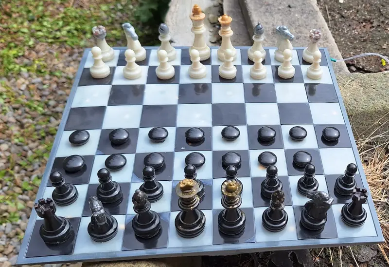 A classic black and white epoxy resin chessboard