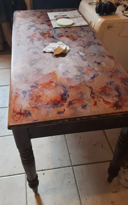 A worktop in epoxy resin, with a pattern fondly referred to by the maker as 'alien vomit'