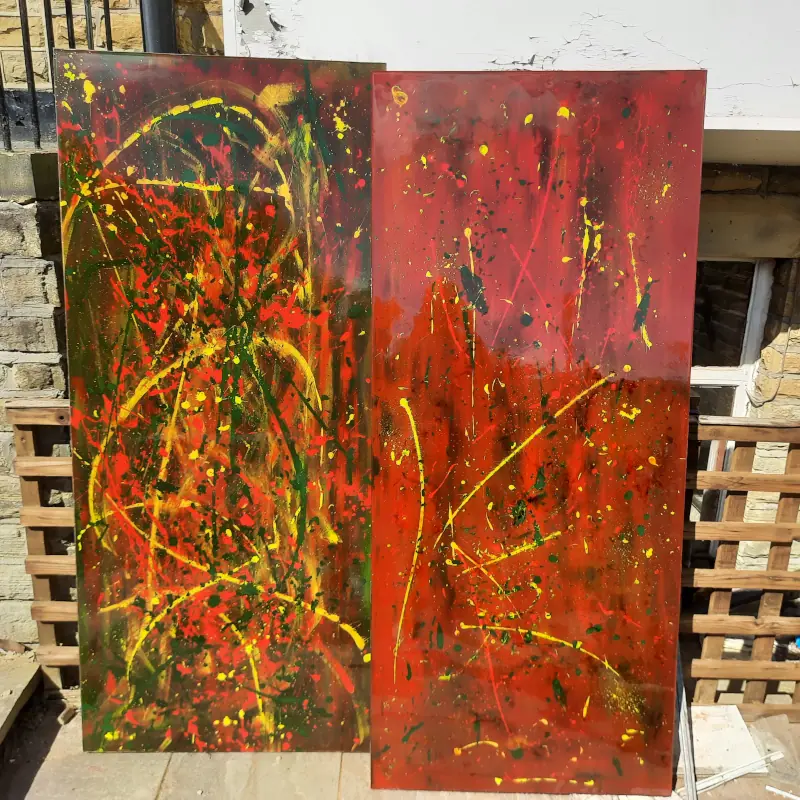 Two wardrobe doors, restored with acrylic paint and epoxy resin